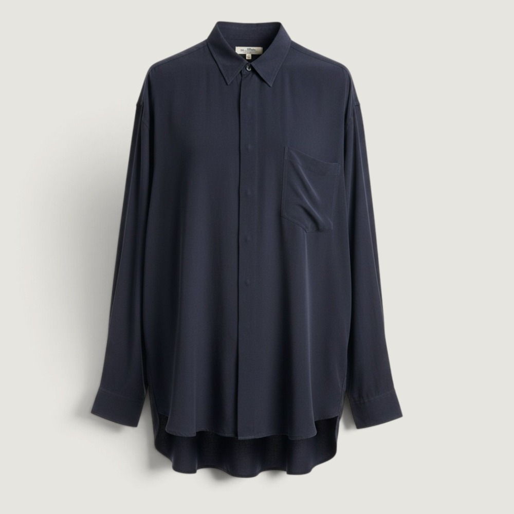 Tommy Bahama Mens Large 100% Silk Navy Blue Long Sleeve Button Down Shirt Pocket